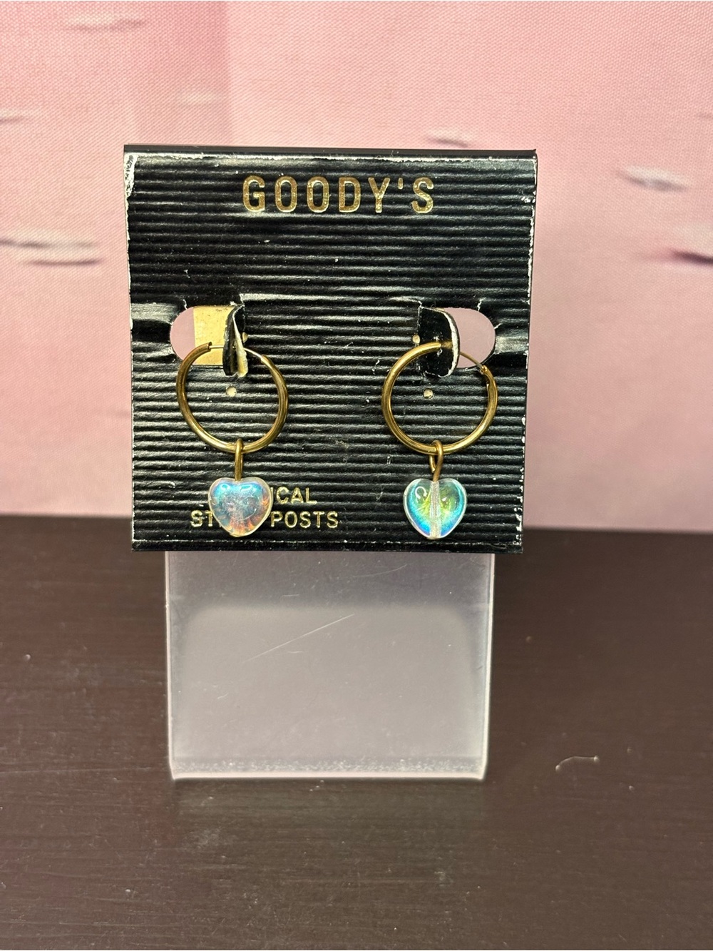 Vintage Goodys gold tone hoop earrings iridescent heart charm.  New old stock.